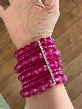 Fuchsia Beaded Stretch Bracelet Stack with Crystal Bar 10 bright pink bracelets